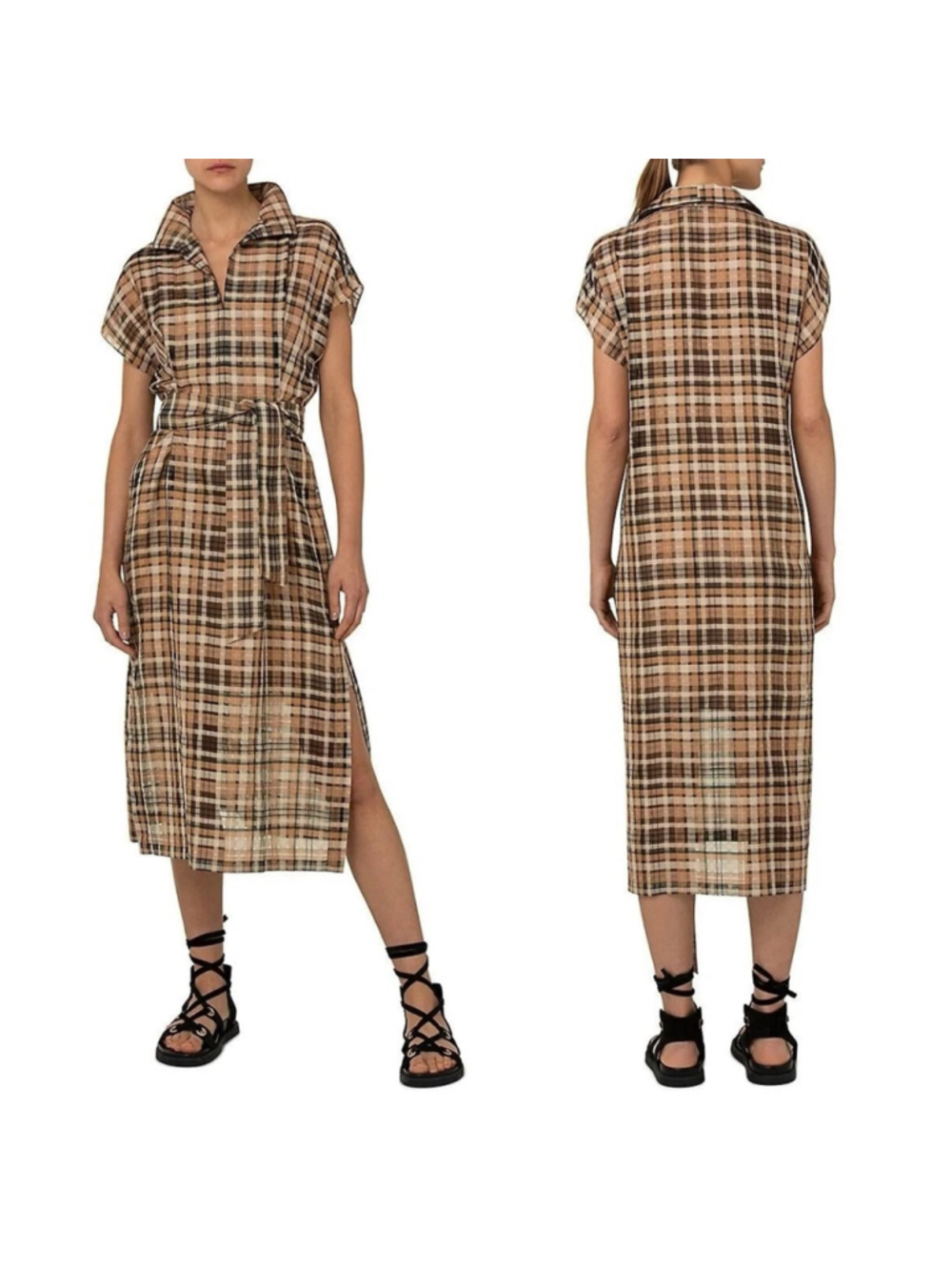 AKRIS Organza Check Print Midi Dress Shirt Dress Size 12